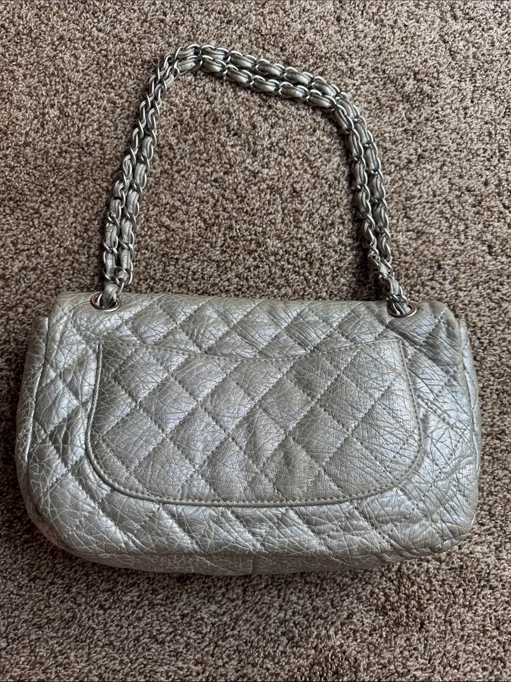 CHANEL Quilted Shoulder Bag in Metallic Gray